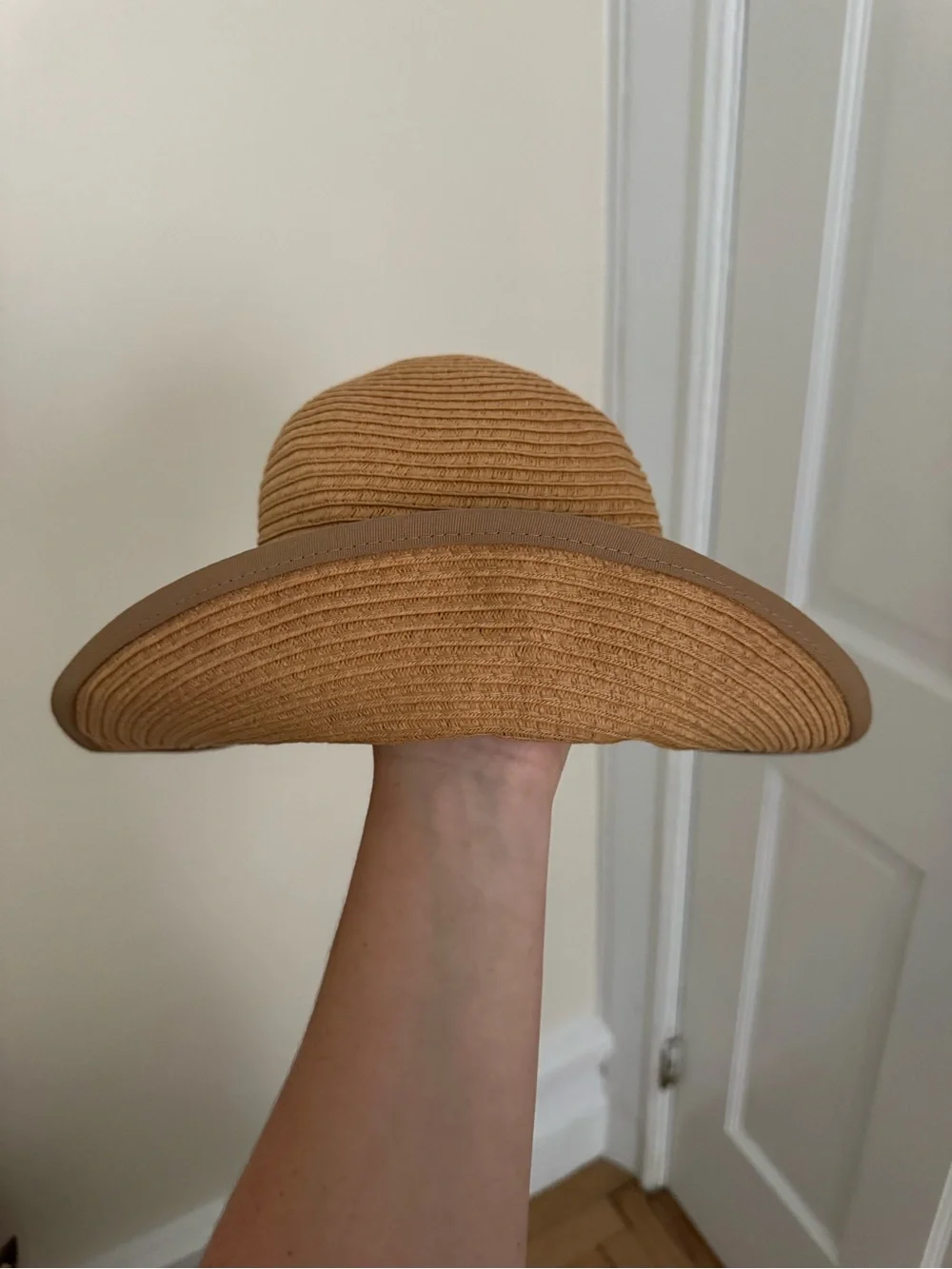 LC Lauren Conrad Straw Cloche Sun Hat Black Bow Downturned Brim Natural